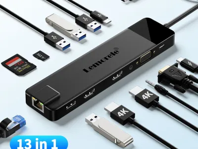 Lemorele 4K USB Hub USB C to Dual HDMI VGA Gigabit Docking Station USB 3.0 VGA Adapter SD Card Readers  for Windows MacBook Air