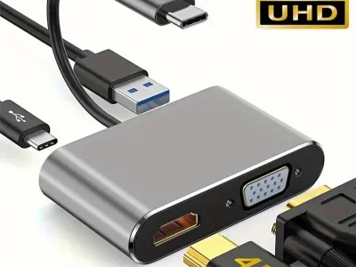 4 in 1 USB C Hub Multiport Adapter Docking Station Type C to 4K HDTV VGA 100W PD Fast Charge Splitter for MacBook Pro/Air Laptop