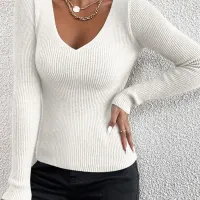 Women's V-Neck Rib Knit Pullover Sweater thumbnail 2