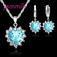 Heart Pendant Hoop Earrings Silver Jewelry Set thumbnail 2