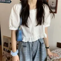 Korean Ruffle Chiffon Cropped Blouse thumbnail 3