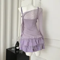 Korean 2-Piece Set: Bow Lace Top & Slim Dress thumbnail 2