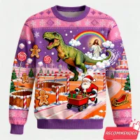 T-Rex Jesus Christmas Ugly Sweater thumbnail 2