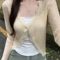 Lace Trim Ribbed Knit Crop Cardigan thumbnail 5