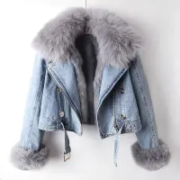 Women Faux Fur Lined Denim Jacket thumbnail 1