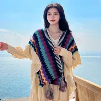 Bohemian Striped Tasseled Poncho Wrap thumbnail 4