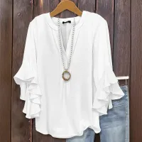 Women's V Neck Ruffle Chiffon Blouse thumbnail 6