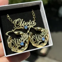 Personalized Birthstone Pendant & 30mm Hoop Earrings Set thumbnail 3