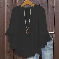 Women's V Neck Ruffle Chiffon Blouse thumbnail 5