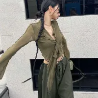 Lace-Up Mesh Flare Sleeve Blouse thumbnail 3