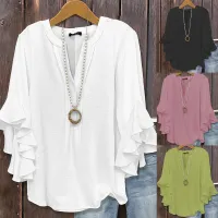 Women's V Neck Ruffle Chiffon Blouse thumbnail 1