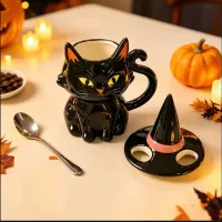 Black Cat Witch Hat Lid Halloween Mug thumbnail 3
