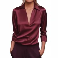 Satin Elegant Long Sleeve V-Neck Blouse thumbnail 4