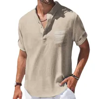 Cotton Linen Henry Collar T-Shirt thumbnail 5