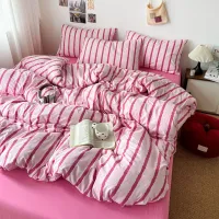 Pink Striped Cotton Duvet Cover Set 3pc thumbnail 2