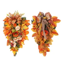 Thanksgiving Fall Wreath with Pumpkins & Maple Leaves thumbnail 6