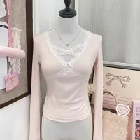 Pink Lace Bow V-neck T-shirt thumbnail 5