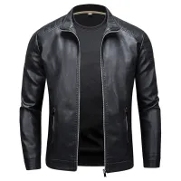 Men's Slim Fit Stand Collar Leather Jacket thumbnail 1