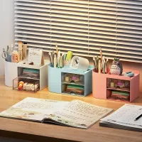Simple Pen Holder With Drawer Multifunction Desktop Organizer Stationery Storage Box Student Office Desk Decorations thumbnail 4