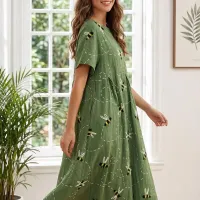 Green Bee Print A-Line Midi Dress thumbnail 3