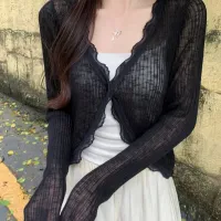 Lace Trim Ribbed Knit Crop Cardigan thumbnail 3