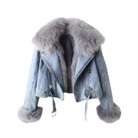 Women Faux Fur Lined Denim Jacket thumbnail 5