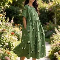 Green Bee Print A-Line Midi Dress thumbnail 4