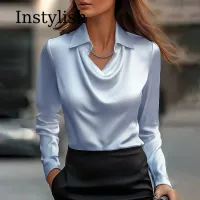 Satin V-Neck Lapel Blouse thumbnail 3