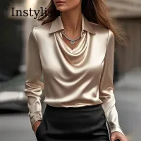 Satin V-Neck Lapel Blouse thumbnail 2