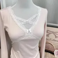 Pink Lace Bow V-neck T-shirt thumbnail 6