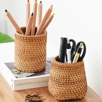 Ручная подставка для ручек, плетёная из деревянной лозы и раттана; канцелярский контейнер, коробка для хранения, органайзер, подарок для студентов, офиса, школы, настольных принадлежностей thumbnail 1