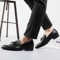 Black Woven Leather Square Heel Slip-on Shoes thumbnail 5
