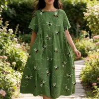 Green Bee Print A-Line Midi Dress thumbnail 1