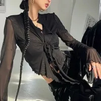 Lace-Up Mesh Flare Sleeve Blouse thumbnail 6