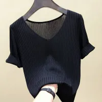 Summer V-Neck Ribbed Pullover Sweater thumbnail 2