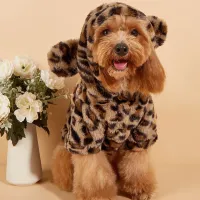 Leopard Plush Dog Hoodie with Ears thumbnail 1