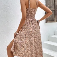 Beige Floral Halter Midi Dress thumbnail 2