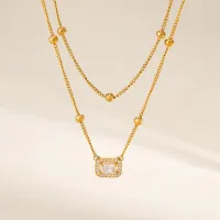 Double Layer Bead Chain Zircon Pendant Necklace thumbnail 3