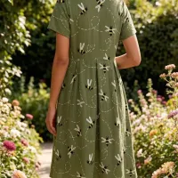 Green Bee Print A-Line Midi Dress thumbnail 2