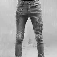 Retro Moto Biker Elastic Jeans - Y2K Streetwear thumbnail 4