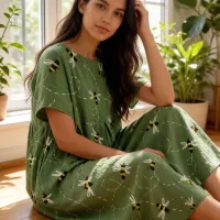 Green Bee Print A-Line Midi Dress thumbnail 6