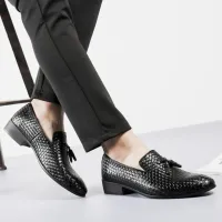 Black Woven Leather Square Heel Slip-on Shoes thumbnail 4