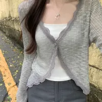 Lace Trim Ribbed Knit Crop Cardigan thumbnail 2