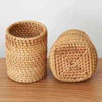 Ручная подставка для ручек, плетёная из деревянной лозы и раттана; канцелярский контейнер, коробка для хранения, органайзер, подарок для студентов, офиса, школы, настольных принадлежностей thumbnail 3