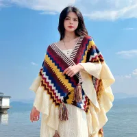 Bohemian Striped Tasseled Poncho Wrap thumbnail 3