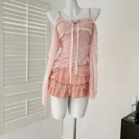 Korean 2-Piece Set: Bow Lace Top & Slim Dress thumbnail 3