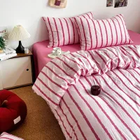 Pink Striped Cotton Duvet Cover Set 3pc thumbnail 3