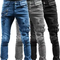 Retro Moto Biker Elastic Jeans - Y2K Streetwear thumbnail 1