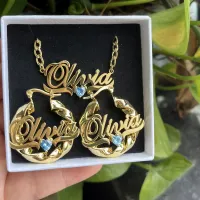 Personalized Birthstone Pendant & 30mm Hoop Earrings Set thumbnail 1