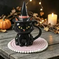 Black Cat Witch Hat Lid Halloween Mug thumbnail 4